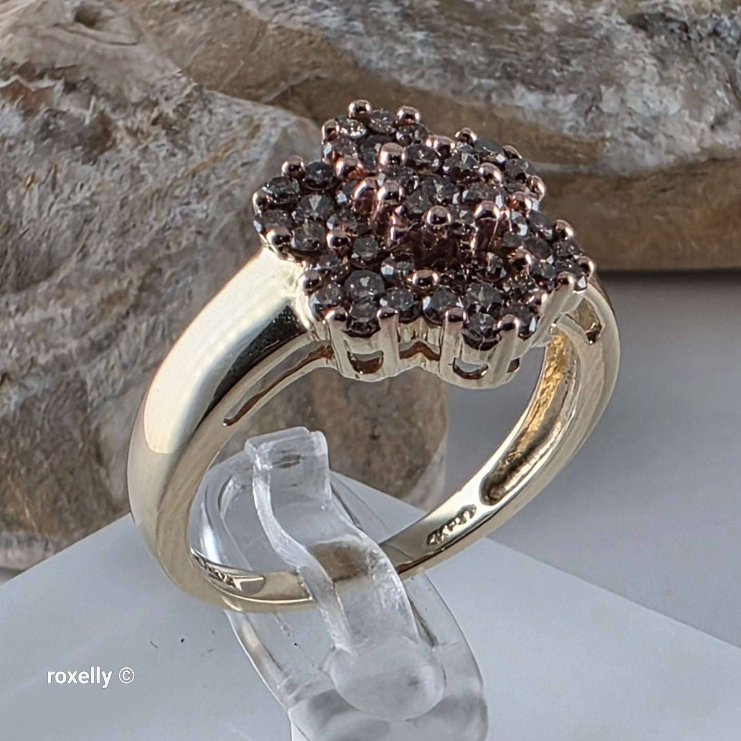 10K Yellow Gold Flower-Shaped Genuine Champagne Diamond Ring Size 8 - Solid Gold!