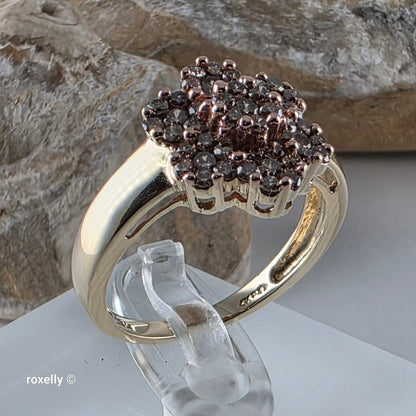 10K Yellow Gold Flower-Shaped Genuine Champagne Diamond Ring Size 8 - Solid Gold!