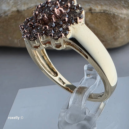 10K Yellow Gold Flower-Shaped Genuine Champagne Diamond Ring Size 8 - Solid Gold!