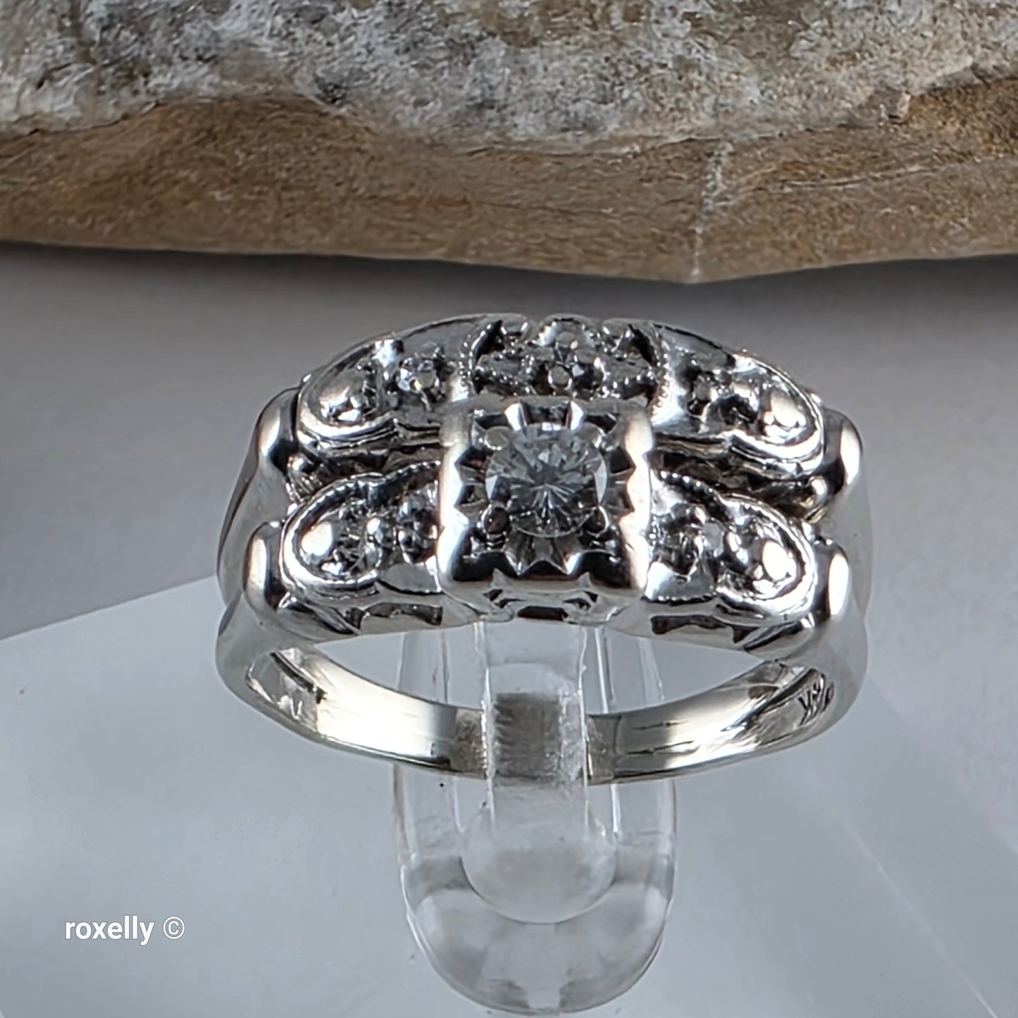 Vintage 14K White Gold Art-Deco Diamonds Two Rings Joined Size 8