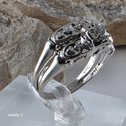 Vintage 14K White Gold Art-Deco Diamonds Two Rings Joined Size 8