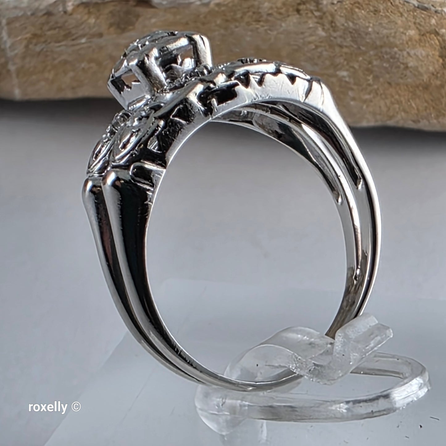 Vintage 14K White Gold Art-Deco Diamonds Two Rings Joined Size 8