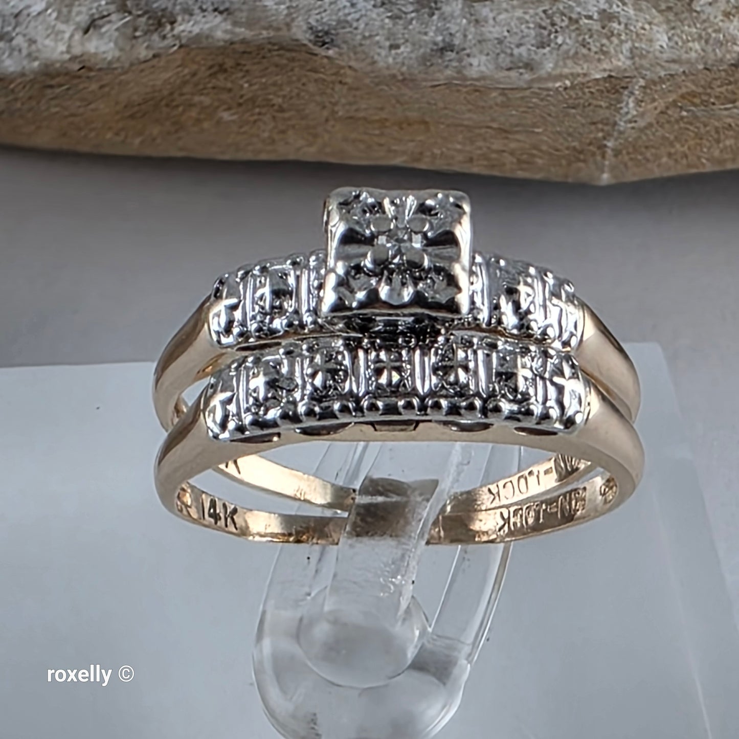 Vintage 14K Yellow Gold Genuine Diamonds Art Deco 2 Ring Set Size 6.75