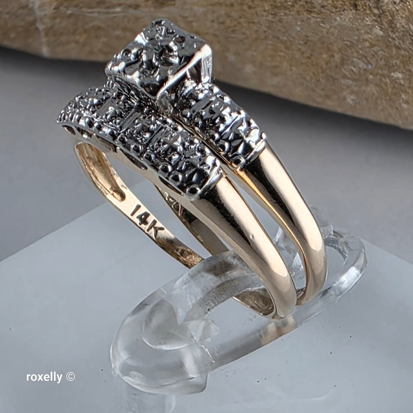 Vintage 14K Yellow Gold Genuine Diamonds Art Deco 2 Ring Set Size 6.75