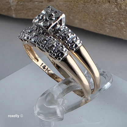 Vintage 14K Yellow Gold Genuine Diamonds Art Deco 2 Ring Set Size 6.75