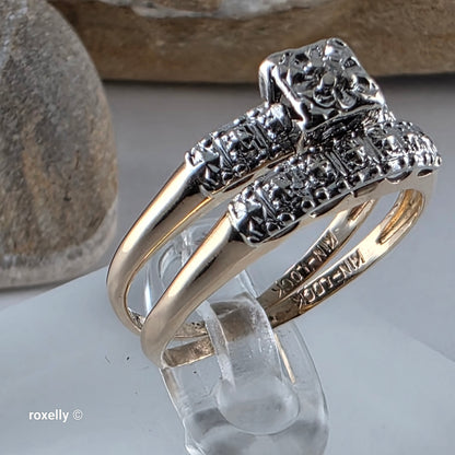 Vintage 14K Yellow Gold Genuine Diamonds Art Deco 2 Ring Set Size 6.75