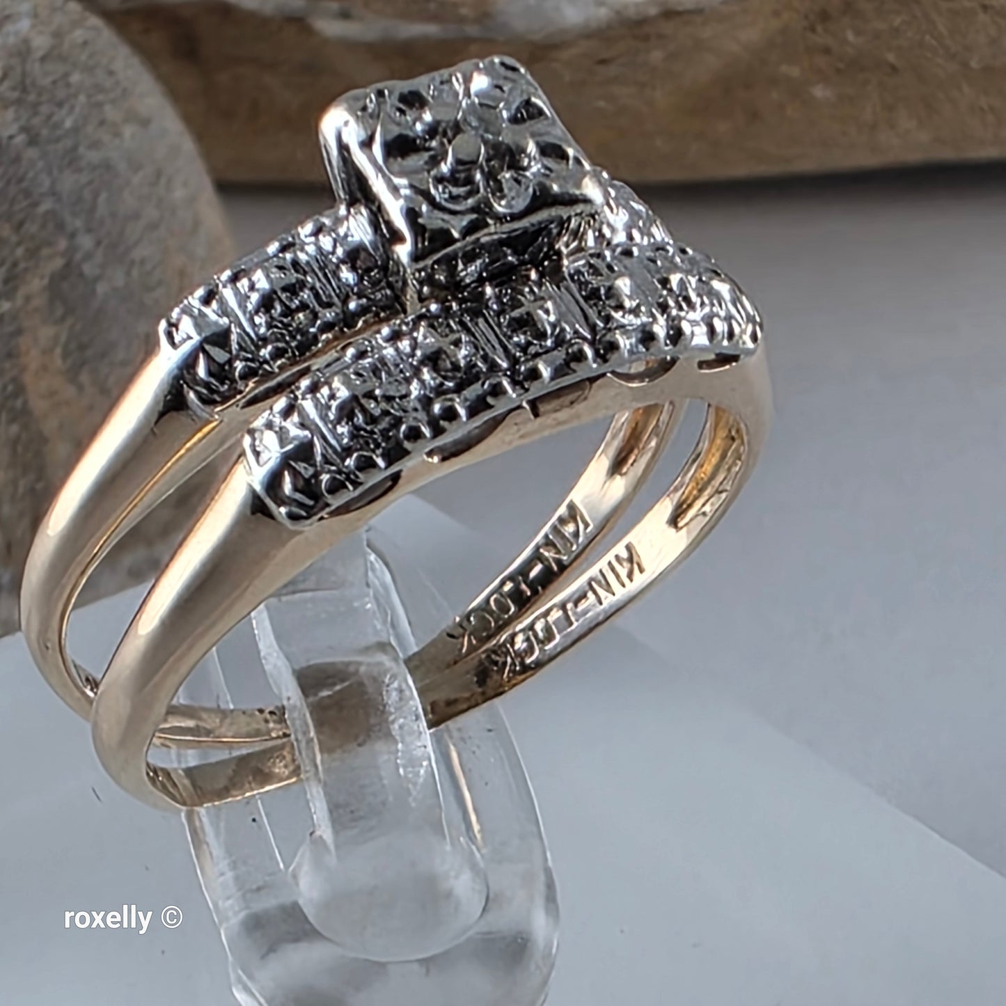 Vintage 14K Yellow Gold Genuine Diamonds Art Deco 2 Ring Set Size 6.75