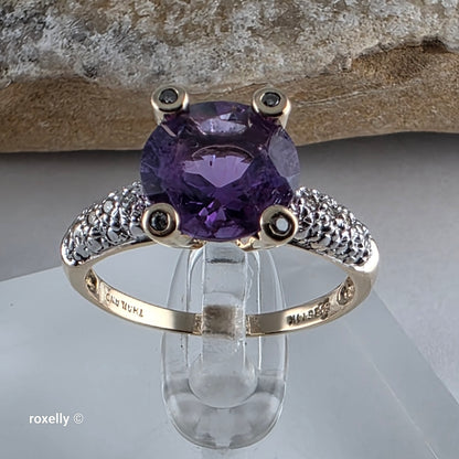 14K Yellow Gold Amethyst and Genuine Diamond Ring Size 8.75 - Solid Gold!