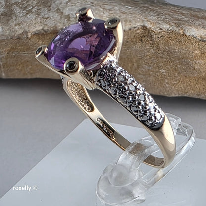 14K Yellow Gold Amethyst and Genuine Diamond Ring Size 8.75 - Solid Gold!