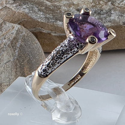 14K Yellow Gold Amethyst and Genuine Diamond Ring Size 8.75 - Solid Gold!