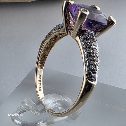 14K Yellow Gold Amethyst and Genuine Diamond Ring Size 8.75 - Solid Gold!