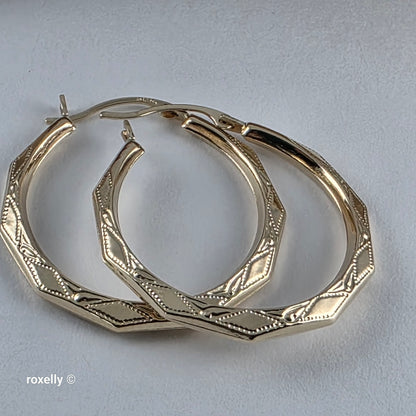 14K Yellow Gold Diamond-Cut Hoop Earrings, Solid Gold!