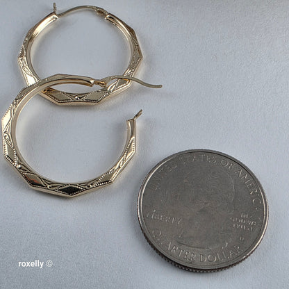 14K Yellow Gold Diamond-Cut Hoop Earrings, Solid Gold!