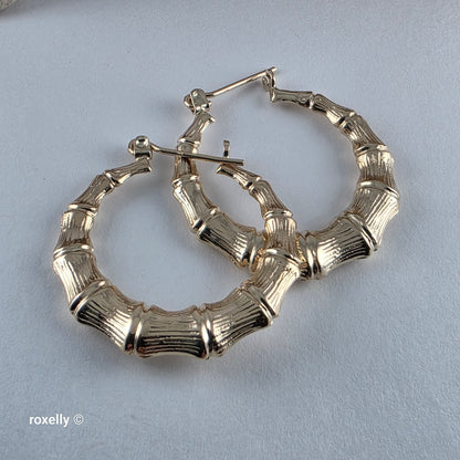14K Yellow Gold Bamboo Hoop Design Earrings - Solid Gold!