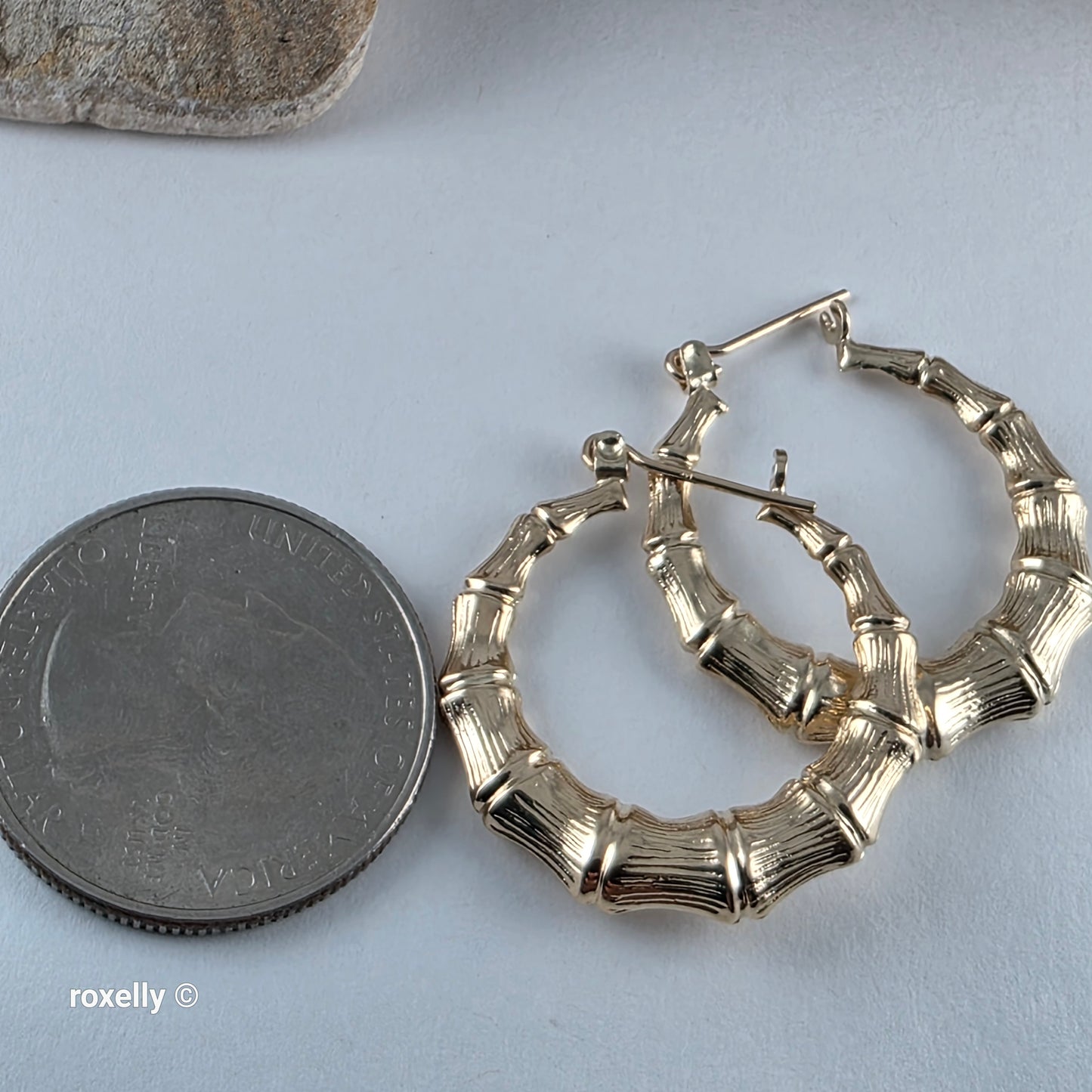 14K Yellow Gold Bamboo Hoop Design Earrings - Solid Gold!