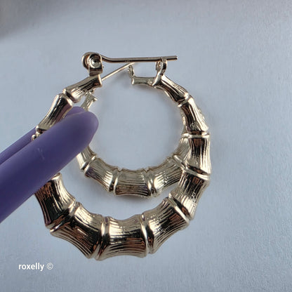 14K Yellow Gold Bamboo Hoop Design Earrings - Solid Gold!
