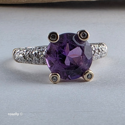 14K Yellow Gold Amethyst and Genuine Diamond Ring Size 8.75 - Solid Gold!