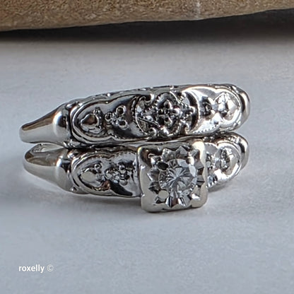 Vintage 14K White Gold Art-Deco Diamonds Two Rings Joined Size 8
