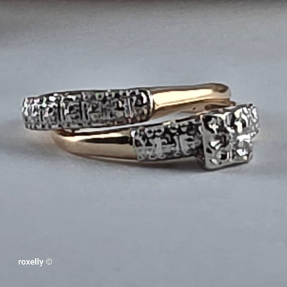 Vintage 14K Yellow Gold Genuine Diamonds Art Deco 2 Ring Set Size 6.75