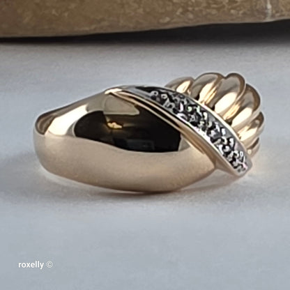 14K Yellow Gold Genuine Diamond Crossover Ribbed Dome Ring Size 8.75!