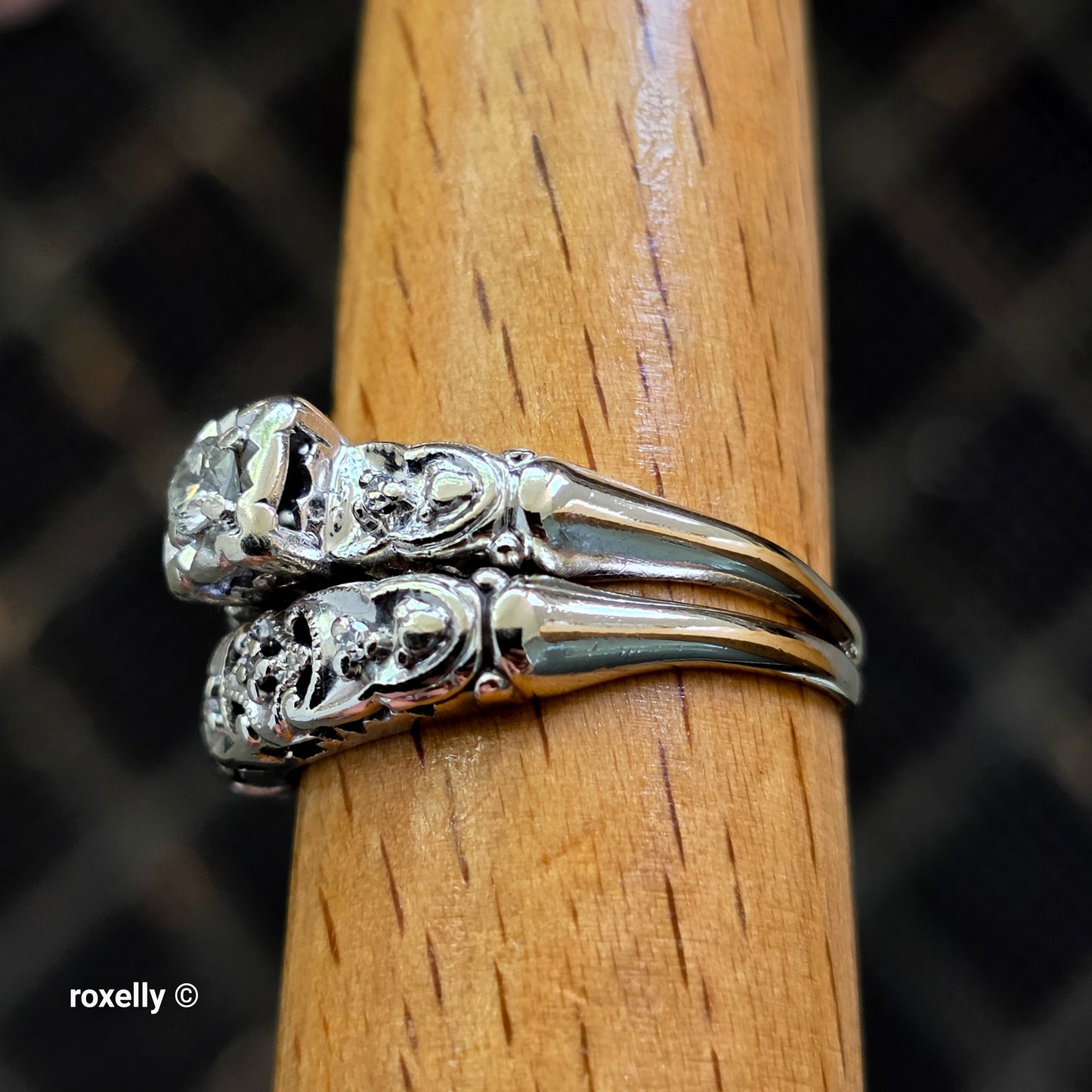 Vintage 14K White Gold Art-Deco Diamonds Two Rings Joined Size 8
