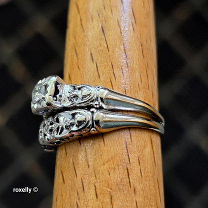 Vintage 14K White Gold Art-Deco Diamonds Two Rings Joined Size 8