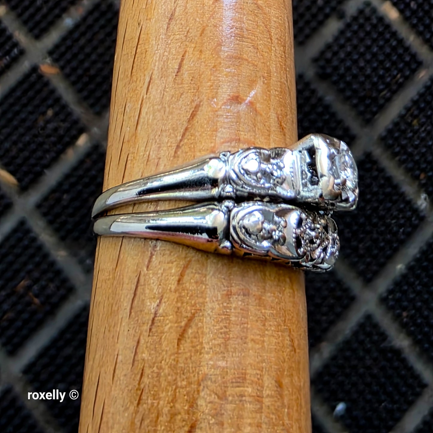 Vintage 14K White Gold Art-Deco Diamonds Two Rings Joined Size 8