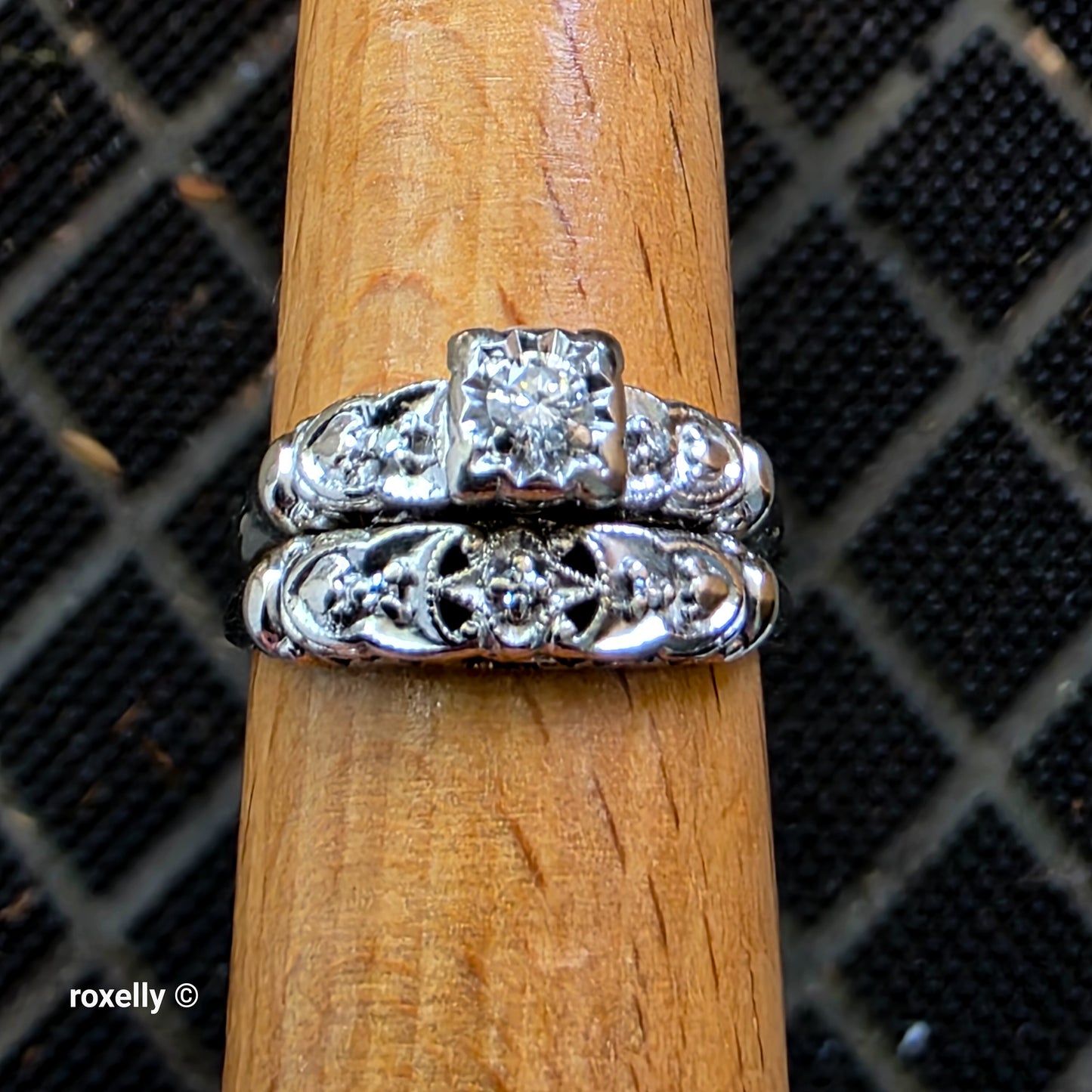 Vintage 14K White Gold Art-Deco Diamonds Two Rings Joined Size 8