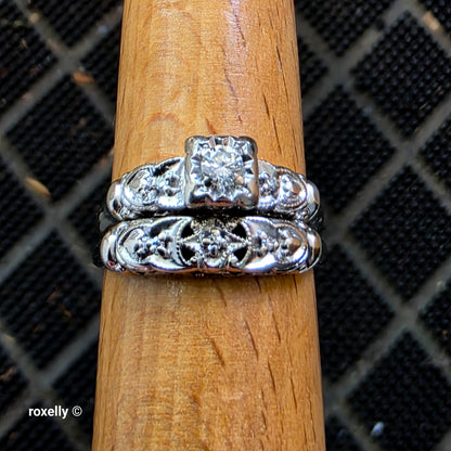 Vintage 14K White Gold Art-Deco Diamonds Two Rings Joined Size 8