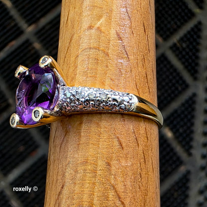 14K Yellow Gold Amethyst and Genuine Diamond Ring Size 8.75 - Solid Gold!
