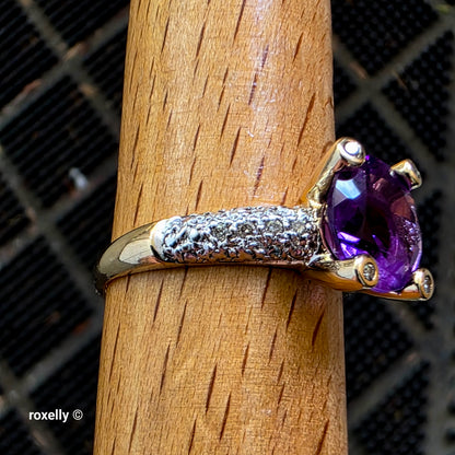 14K Yellow Gold Amethyst and Genuine Diamond Ring Size 8.75 - Solid Gold!