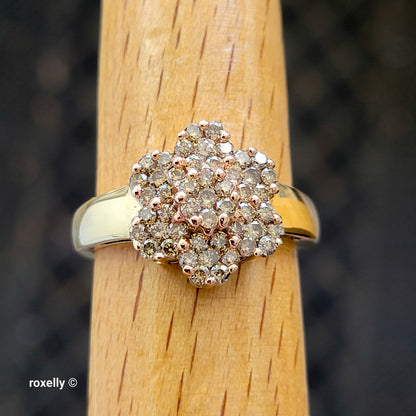 10K Yellow Gold Flower-Shaped Genuine Champagne Diamond Ring Size 8 - Solid Gold!