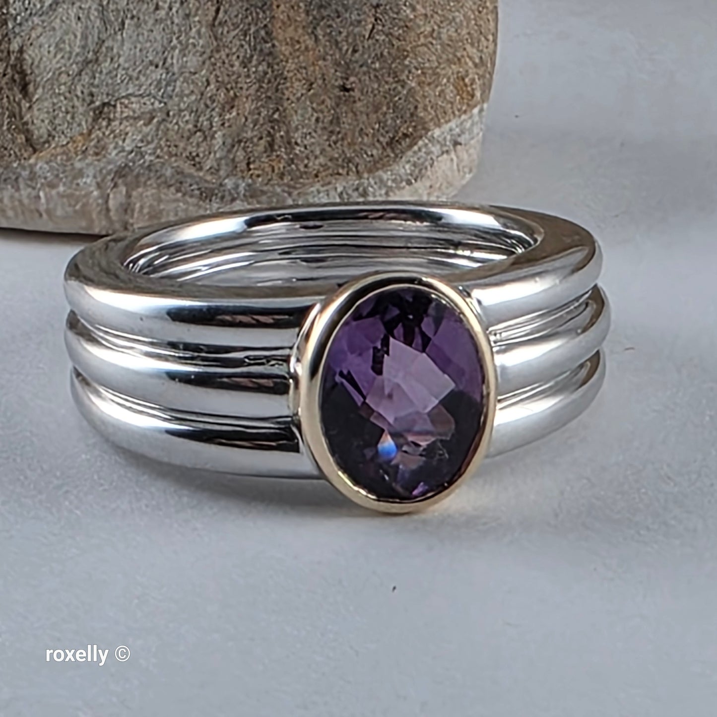 Sterling Silver and 14K Yellow Gold Amethyst Ribbed Band Ring Size 7