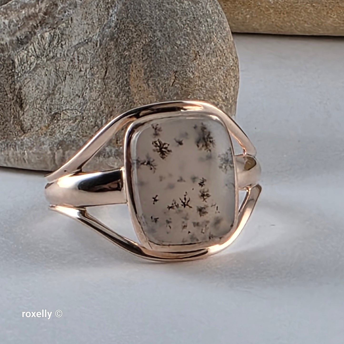 14K Rose Gold Cushion Cabochon Dendritic Agate Split Shank Cocktail Ring Size 9.25, Solid Gold!