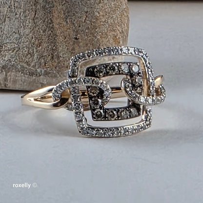 14K Yellow Gold Chocolate & White Genuine Diamonds Square Ring Size 6.5