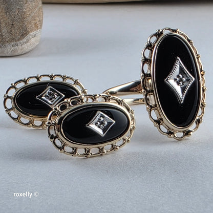 10K Yellow Gold Onyx and Diamond Art Deco Ring Size 7, and Earrings