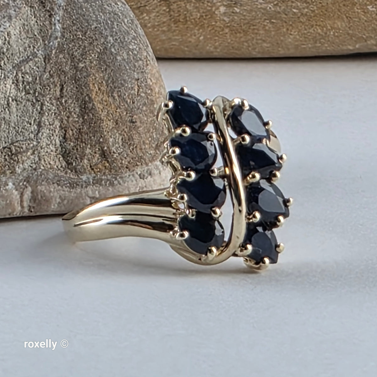 10K Yellow Gold Blue Sapphires Gemstones Ring Size 7 - Solid Gold - view 12