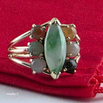 14K Yellow Gold Multi-Tone Jade Gemstones Ring Size 5.25 - Solid Gold