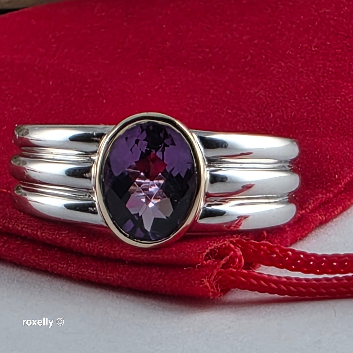 Sterling Silver and 14K Yellow Gold Amethyst Ribbed Band Ring Size 7