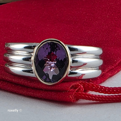 Sterling Silver and 14K Yellow Gold Amethyst Ribbed Band Ring Size 7