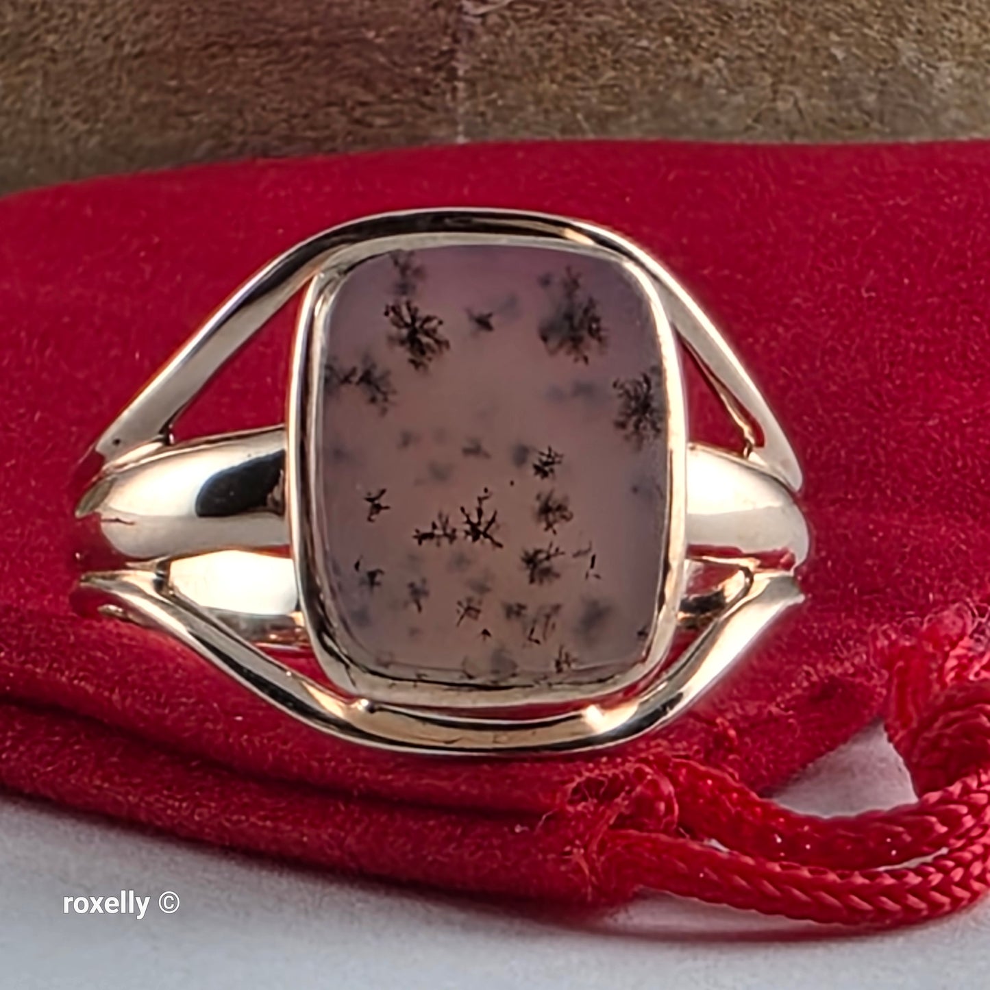 14K Rose Gold Cushion Cabochon Dendritic Agate Split Shank Cocktail Ring Size 9.25, Solid Gold!
