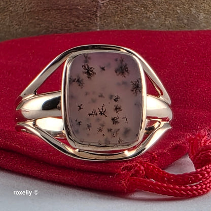 14K Rose Gold Cushion Cabochon Dendritic Agate Split Shank Cocktail Ring Size 9.25, Solid Gold!