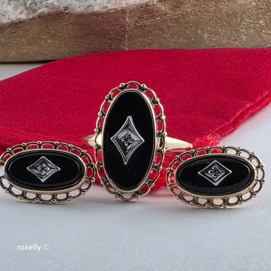 10K Yellow Gold Onyx and Diamond Art Deco Ring Size 7, and Earrings
