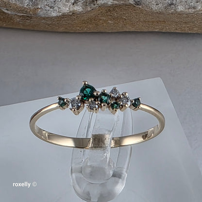 14K Yellow Gold Emeralds & Genuine Diamonds Dainty Lightweight Ring Size 8.5