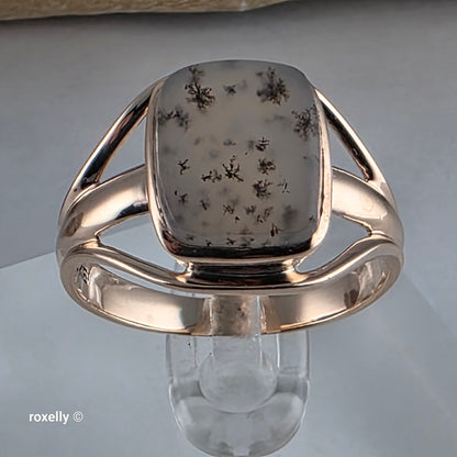 14K Rose Gold Cushion Cabochon Dendritic Agate Split Shank Cocktail Ring Size 9.25, Solid Gold!