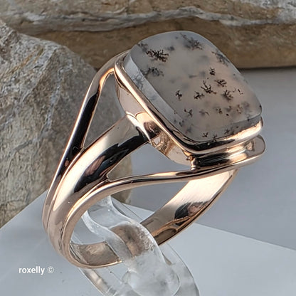 14K Rose Gold Cushion Cabochon Dendritic Agate Split Shank Cocktail Ring Size 9.25, Solid Gold!