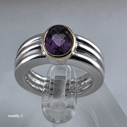 Sterling Silver and 14K Yellow Gold Amethyst Ribbed Band Ring Size 7