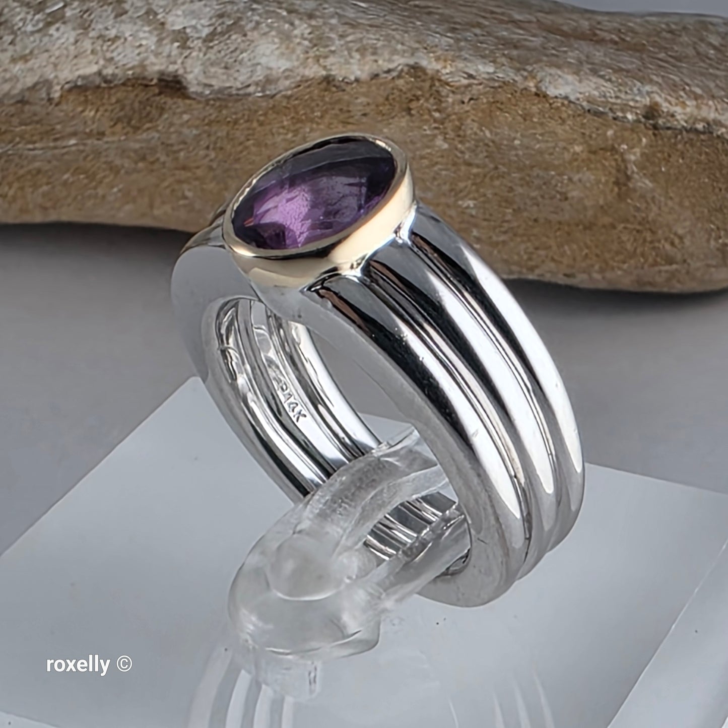 Sterling Silver and 14K Yellow Gold Amethyst Ribbed Band Ring Size 7