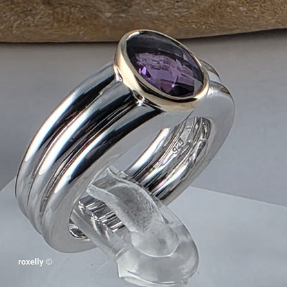 Sterling Silver and 14K Yellow Gold Amethyst Ribbed Band Ring Size 7
