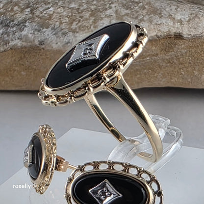 10K Yellow Gold Onyx and Diamond Art Deco Ring Size 7, and Earrings